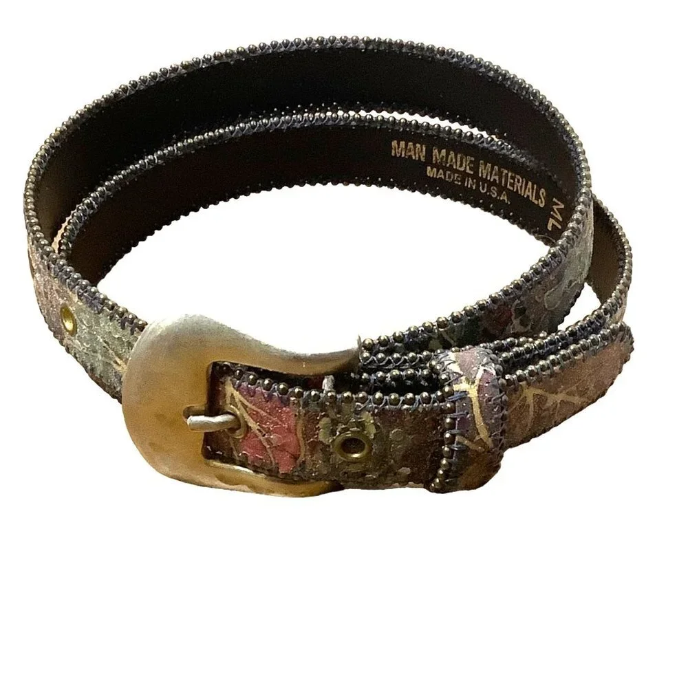 Vtg Floral Tapestry Beaded Edge Belt Medium Large 80s Flower Faux Vegan Leather